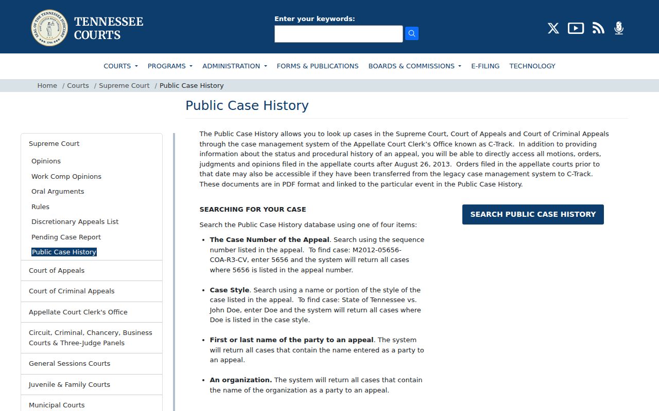 Tennessee AOC Public Case History scope and help information