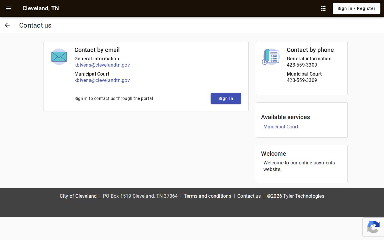 Cleveland Municipal Court portal contact screen