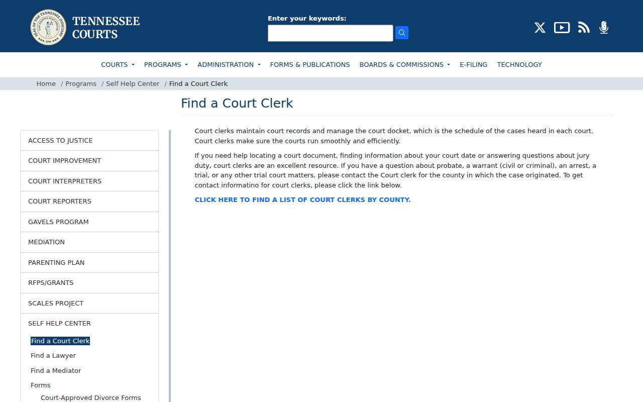 Tennessee AOC Find a Court Clerk guidance for Bradley County case lookup