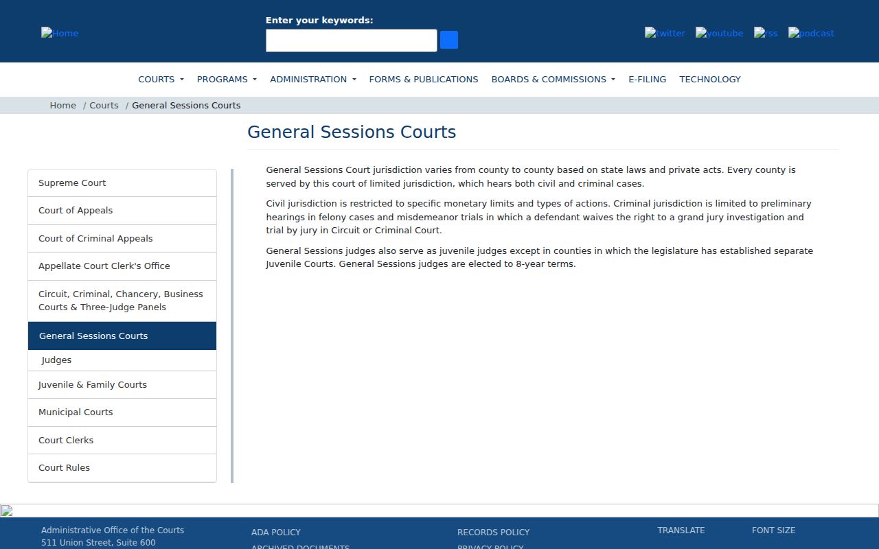 Tennessee AOC explanation of General Sessions Court jurisdiction relevant to Bradley County