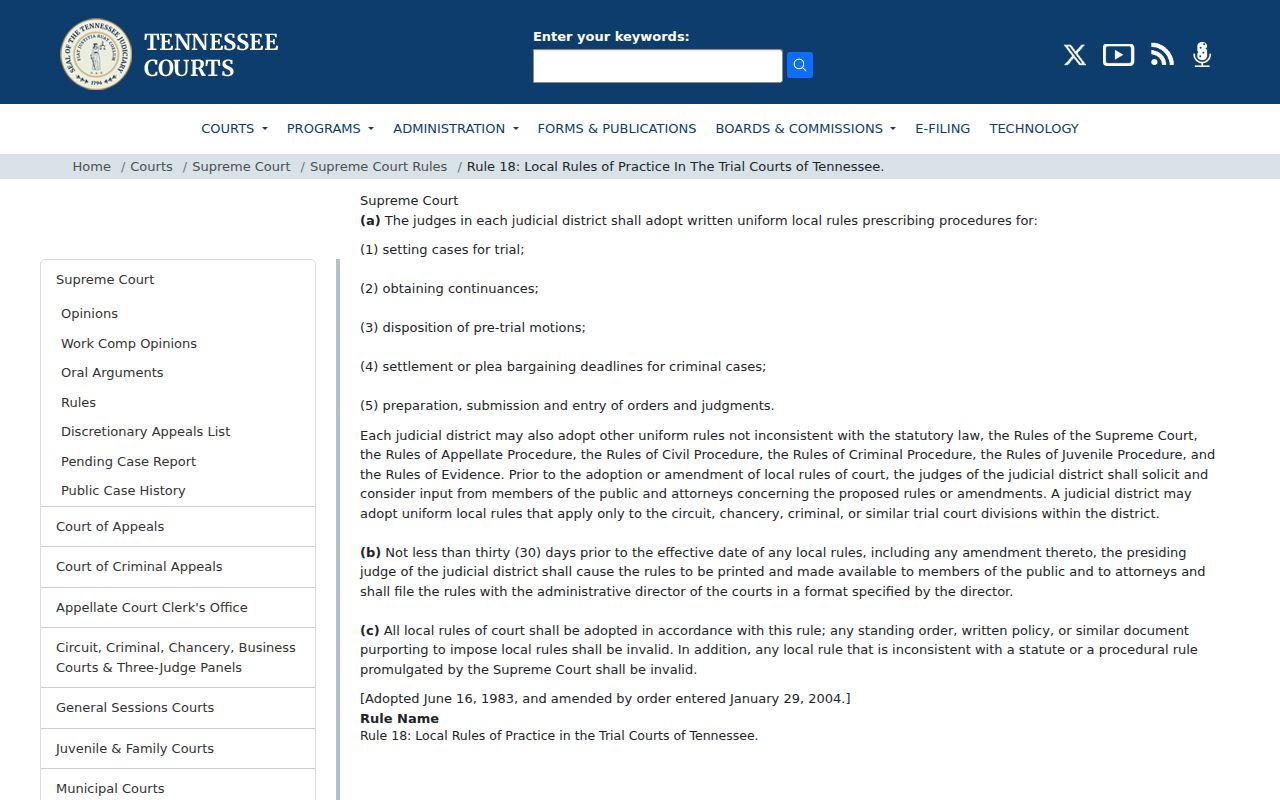 Tennessee Supreme Court Rule 18 on local practice rules affecting Bradley civil dockets