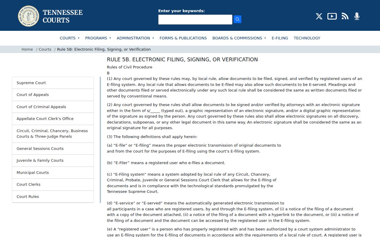 Tennessee Rule 5B electronic filing authority for Bradley civil court practice