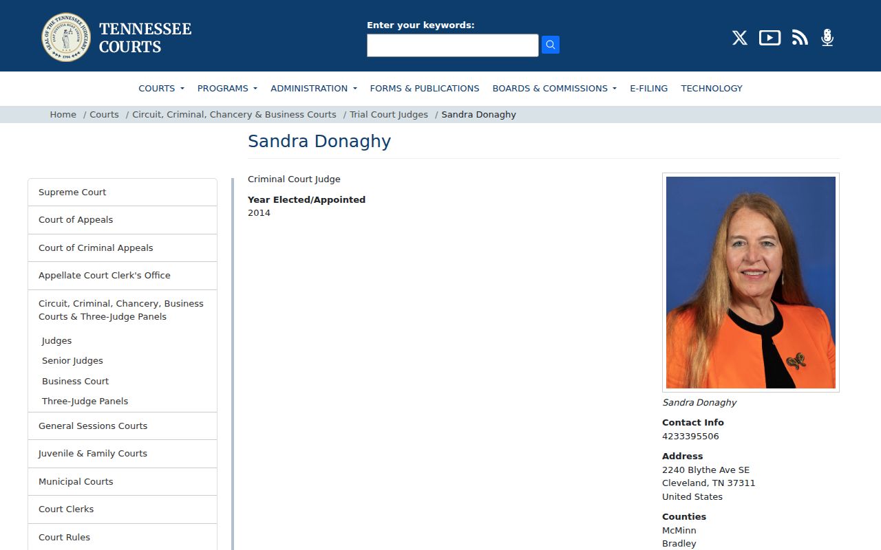 Tennessee AOC judicial directory entry for Judge Sandra Donaghy serving Bradley County