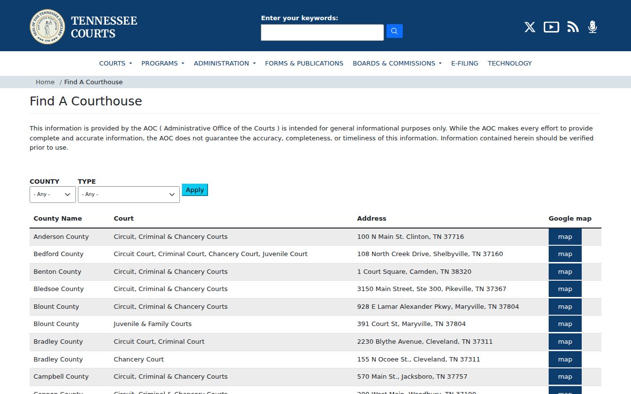 Tennessee AOC courthouse directory for Bradley court locations